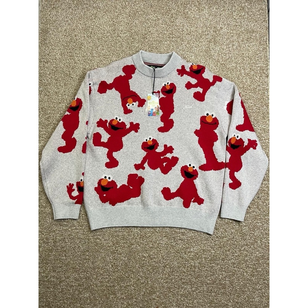 Kith x Sesame Street Elmo Round Neck Sweater With Intarsia 'Light Gray Jamsed' S